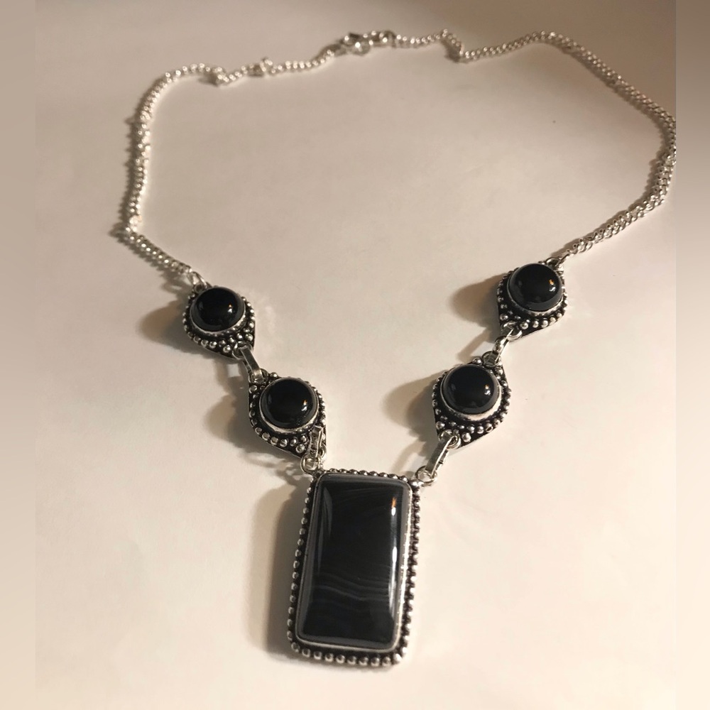 Botswana Agate Black Onyx Stamped 925 Sterling Silver Necklace